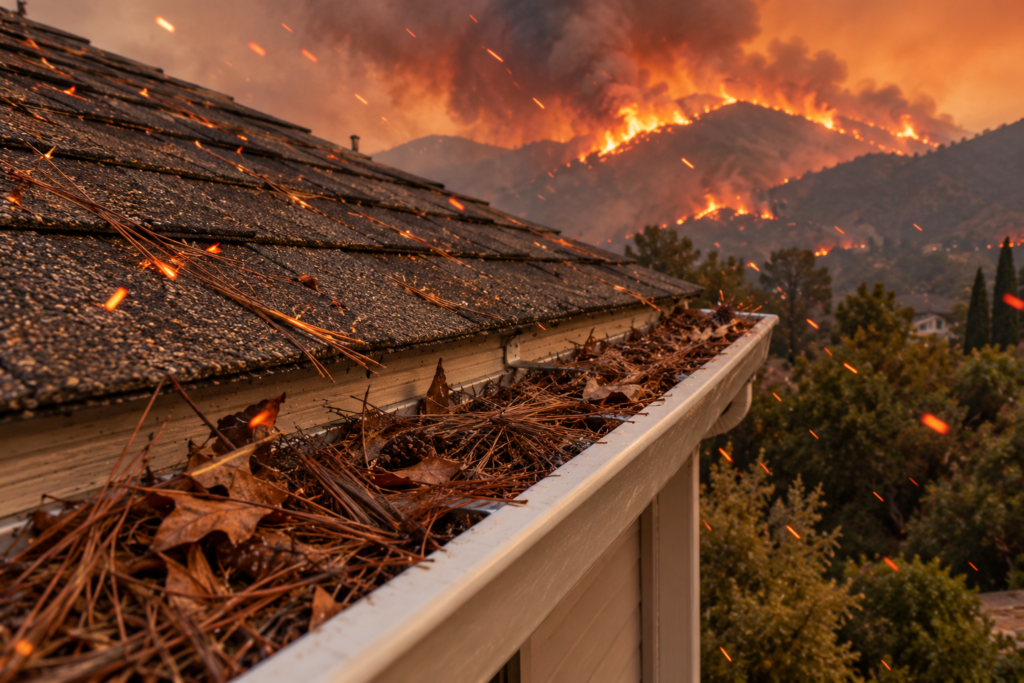clogged gutter beneath a wildfire sky
