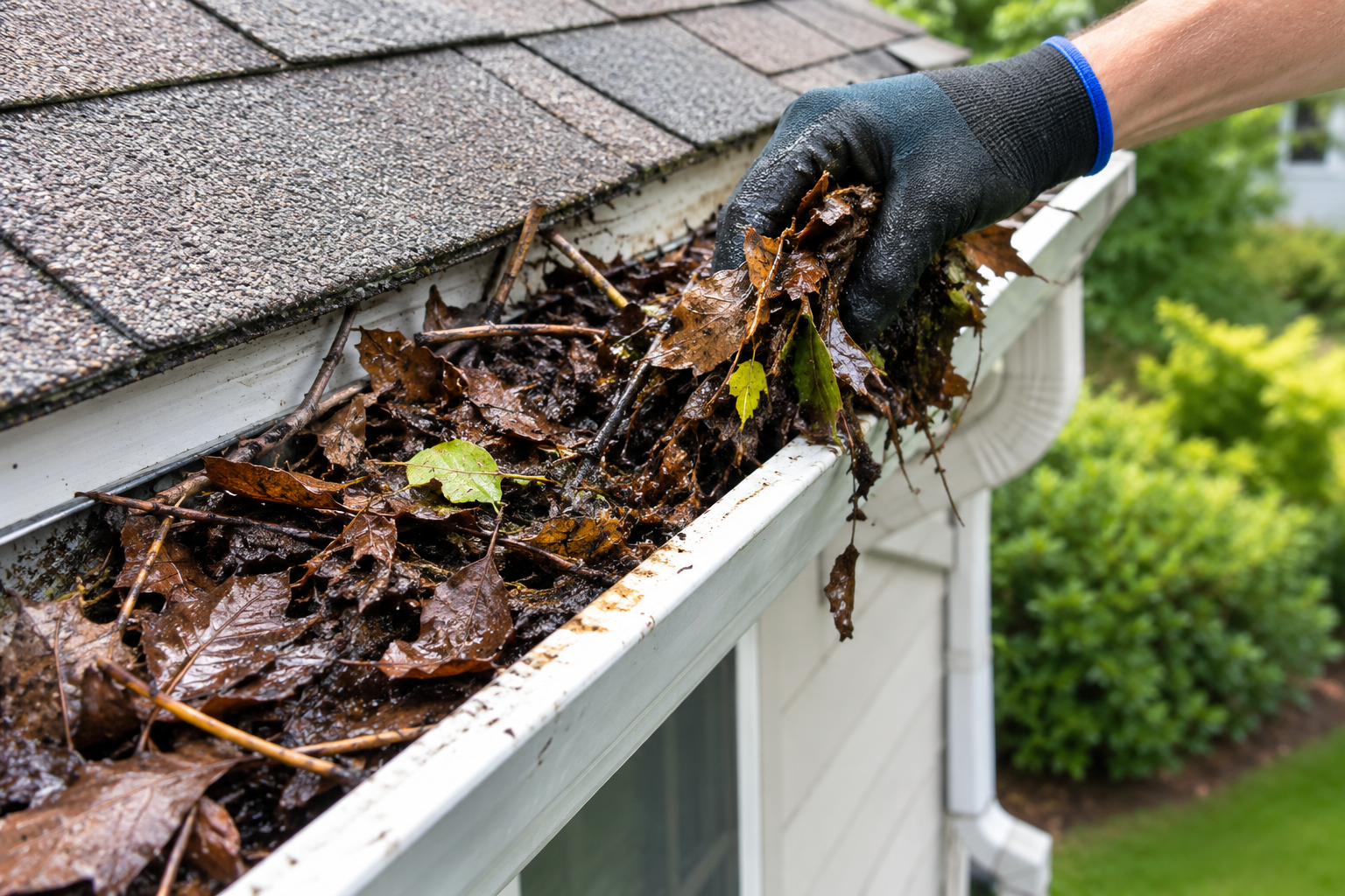 gloved hand clearing leaf filled gutter